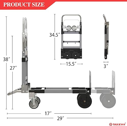 Miniatura 10 de SuZhi Carrito de carro de mano de aluminio convertible, resistente, 2 en 1, plegable con 2 ruedas grandes, carga de 1000 libras para comestibles,