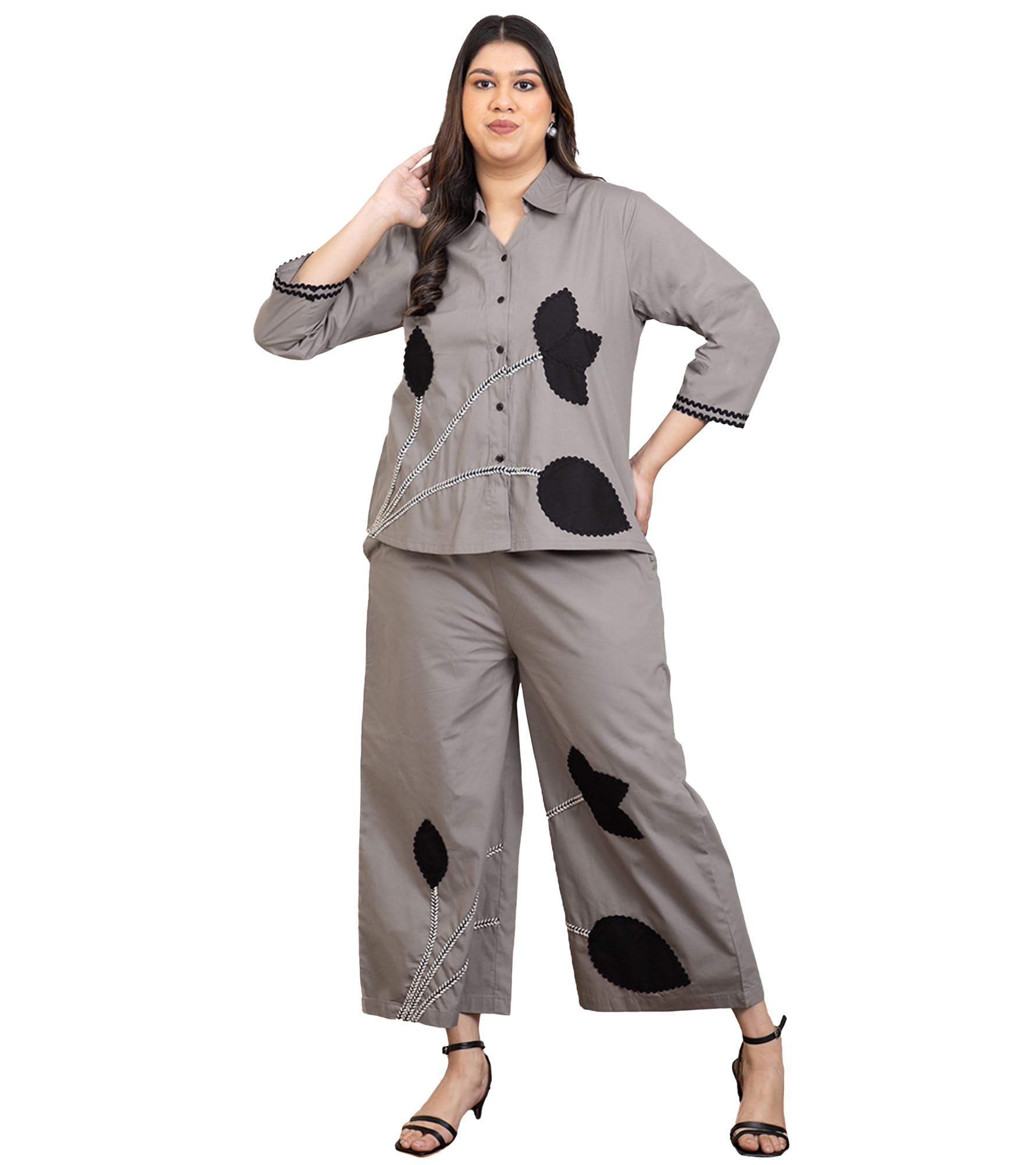 Cotton Shirt & Pants Women's Plus Size Co-Ord Set|Collared Neck Long Sleeves Regular Fit Long Length Summer Western Casual Wear Ladies Cord Set
