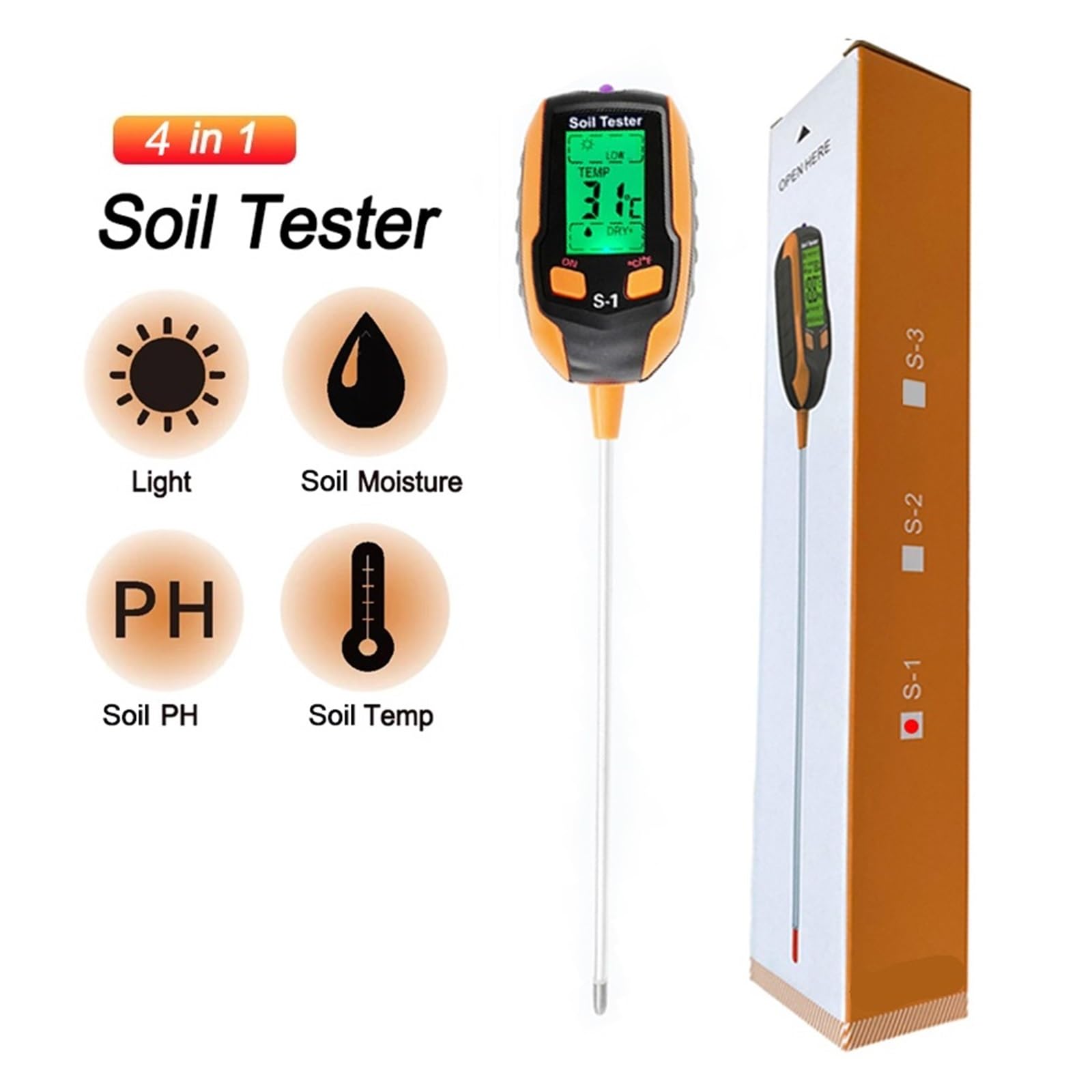 Humidimètre pour Sol, Testeur de Sol en Pot 6 en 1, détecteur de pH, Compteur d'acidité, Compteur d'éclairement, Compteur d'hygromètre de température pour Le Jardinage et l'agriculture(S3)