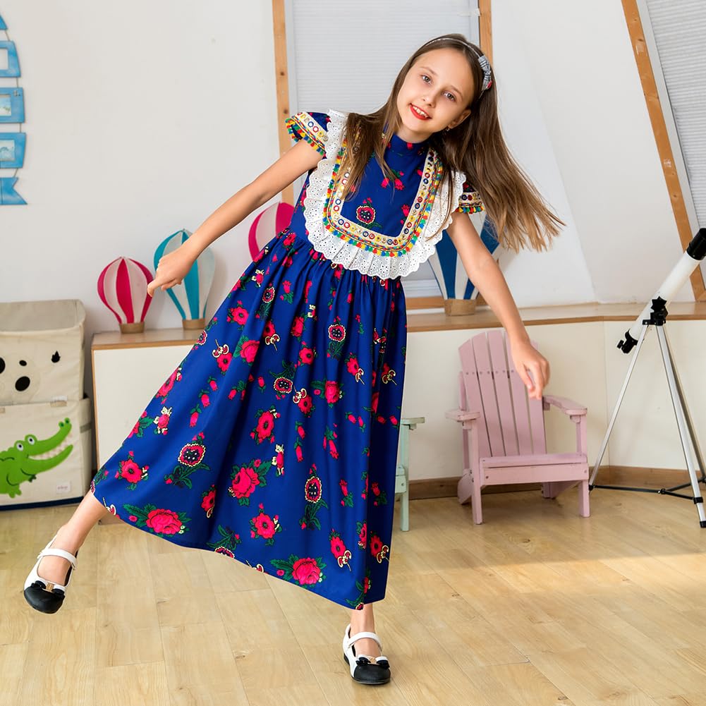 IDOPIP Muslim Dress for Girls Kids Long Sleeve Floral Print Abaya Dress Casual Maxi Moroccan Kaftan Gown Islamic Dubai Robe Thobe Arabian Ramadan Full Cover Prayer Clothes Dark Blue 5-6 Years