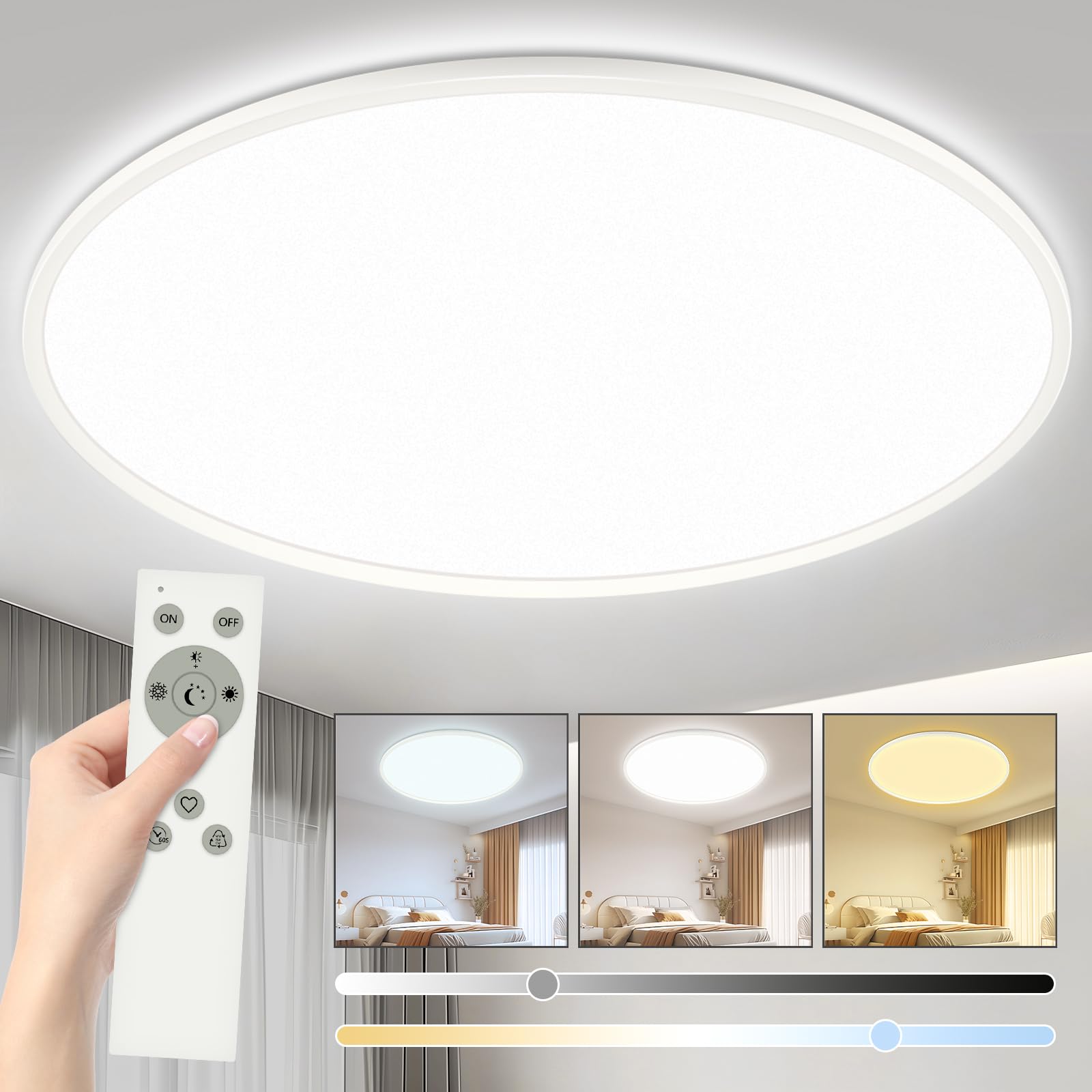 40W LED Deckenleuchte Flach Dimmbar, Ø50CM Deckenlampe mit Fernbedienung, 3000-6500K Modern Ultra Dünn, Rund Deckenleuchten Dimmbar für Wohnzimmer Schlafzimmer Kinderzimmer Büro Küche, Weiß