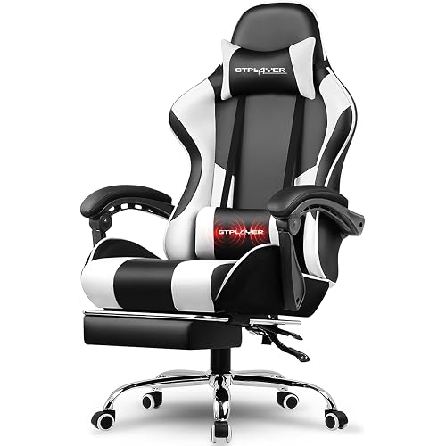 GTPLAYER Gaming Chair, Computer Chair with Footrest and Lumbar Support, Height Adjustable Game Chair with 360°-Swivel Seat and Headrest and for Office or Gaming (White)