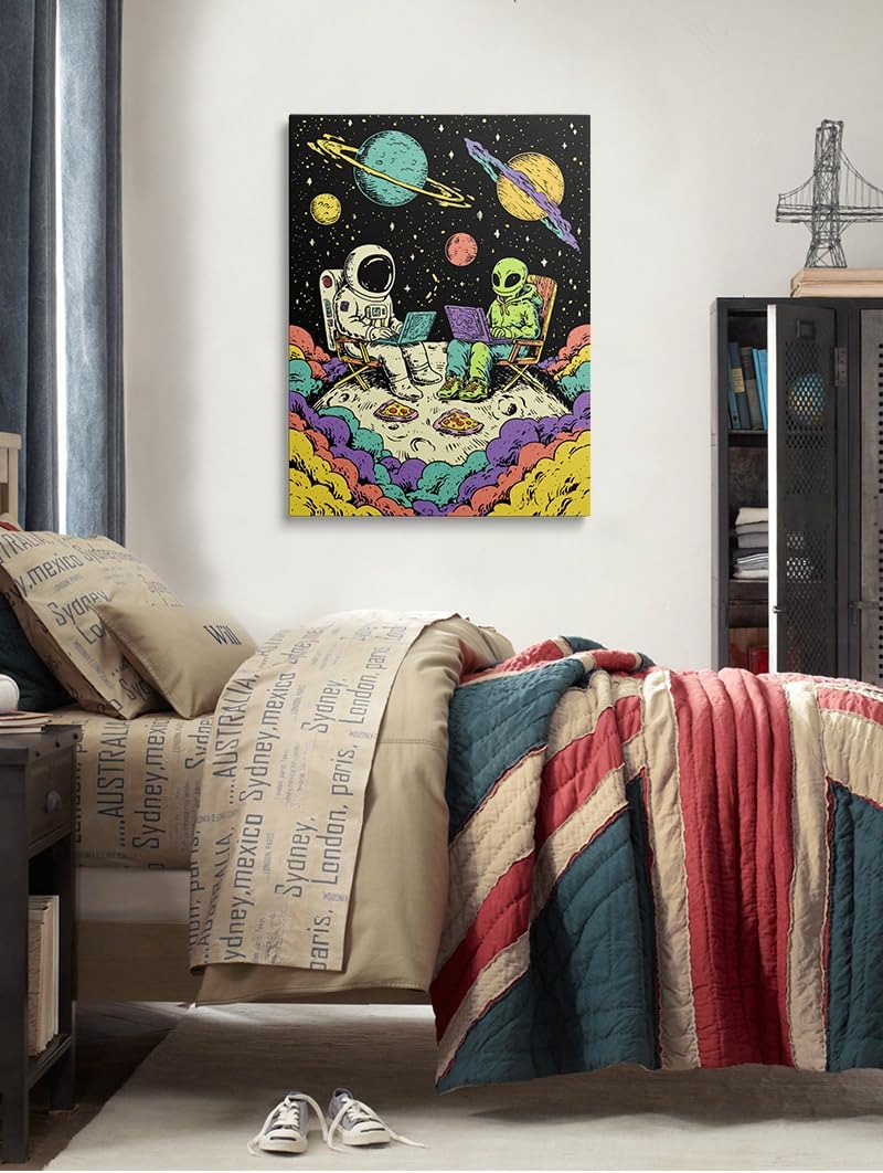 Trippy Space Scene with Pizza Banksy Style Canvas Wall Art Framed Graffiti Painting Prints Posters Artwork for Teen Boy Room Psychedelic Alien Wall Decor 16x24 Inches