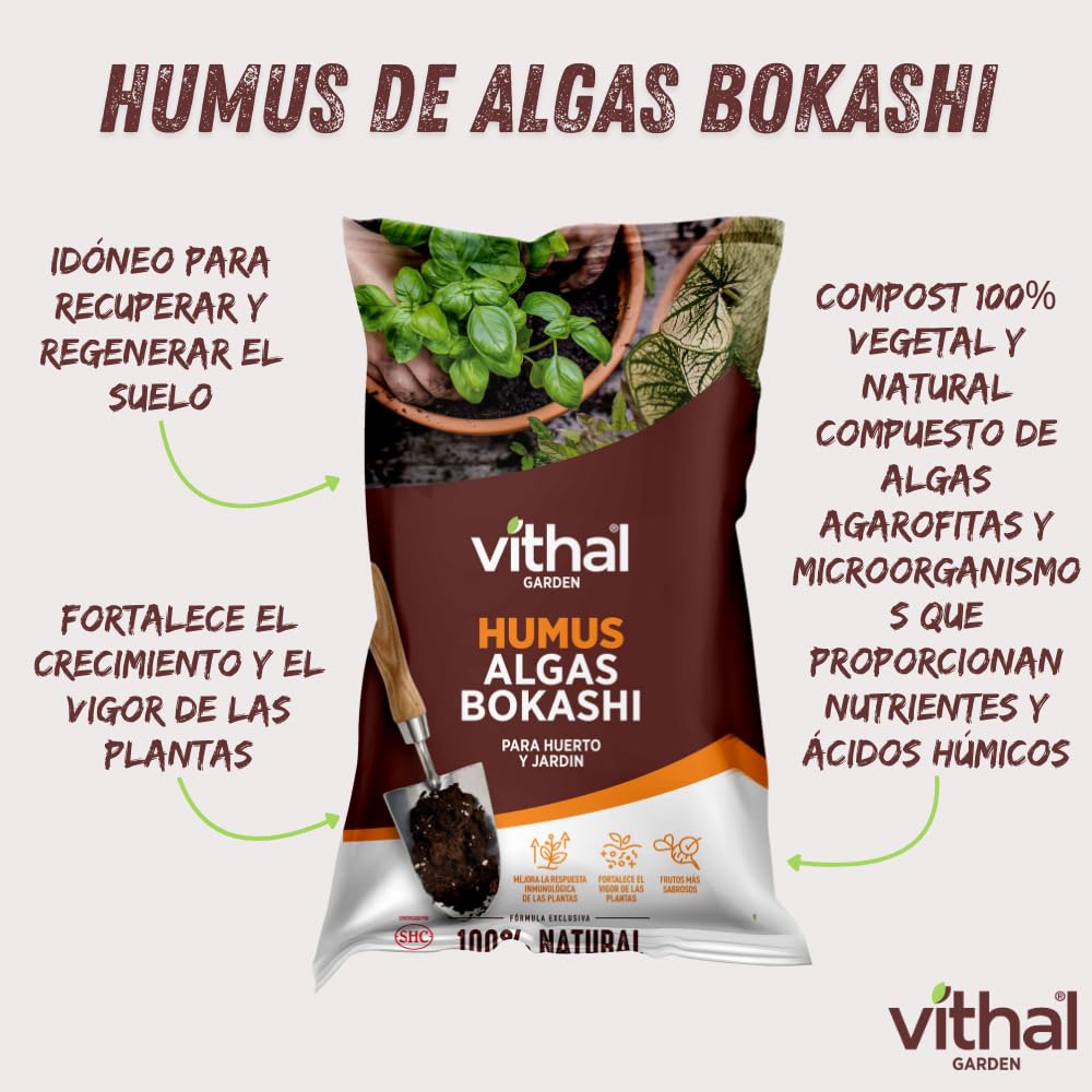 Vithal Humus de Algas Bokashi Abono Plantas - Fertilizante Plantas 100% Vegetal y Natural con Algas Marinas, Estimula el Crecimiento de Flores y Frutos, Ideal para Huertos y Jardines, 2L