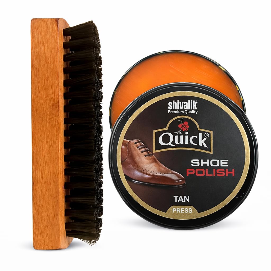 Quick Leather Shoe Wax Polish | Color TAN | - (Pack 40 Grams) with Shoe Brush. Enriched With Leather Nourishing Oil.