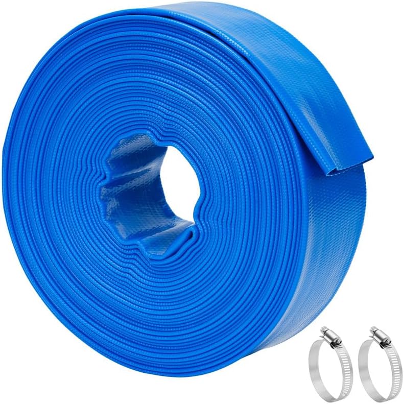 LINEX 2 IN x 50 FT Pool Backwash Hose - Heavy Duty Reinforced PVC Drain above Ground Swimming Pool Hoses, Flat Water Hose for Sump Pump Waste Discharge & Sand Filter Drainage, with Clamp (Blue)