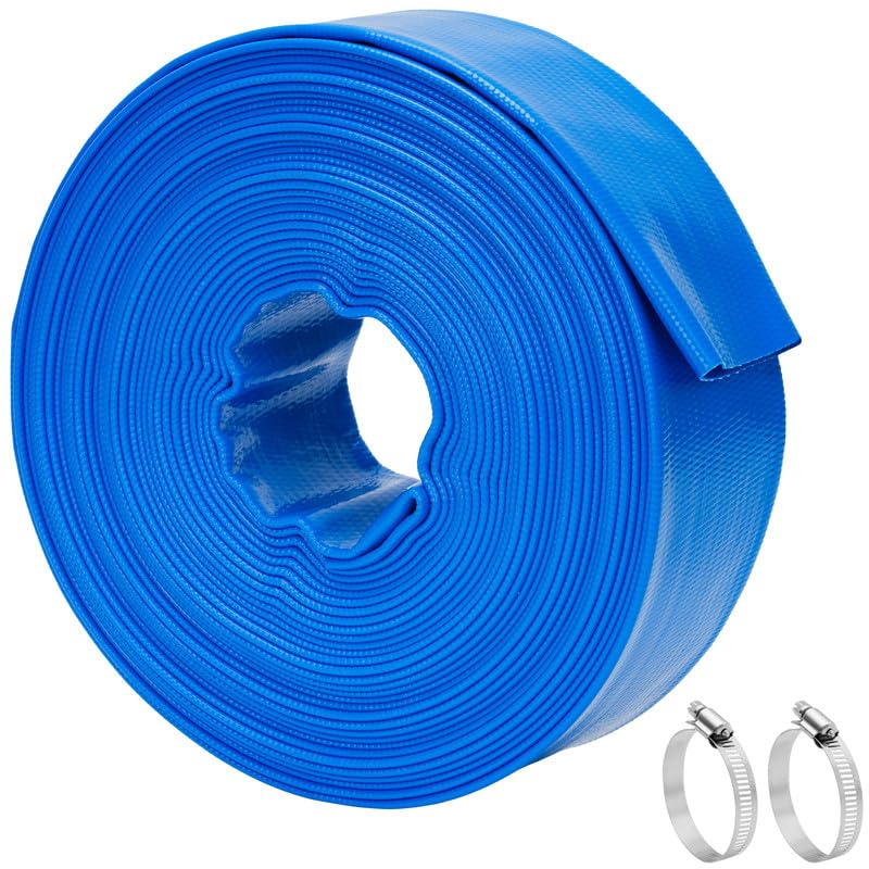 LINEX 2 IN x 50 FT Pool Backwash Hose - Heavy Duty Reinforced PVC Drain above Ground Swimming Pool Hoses, Flat Water Hose for Sump Pump Waste Discharge & Sand Filter Drainage, with Clamp (Blue)