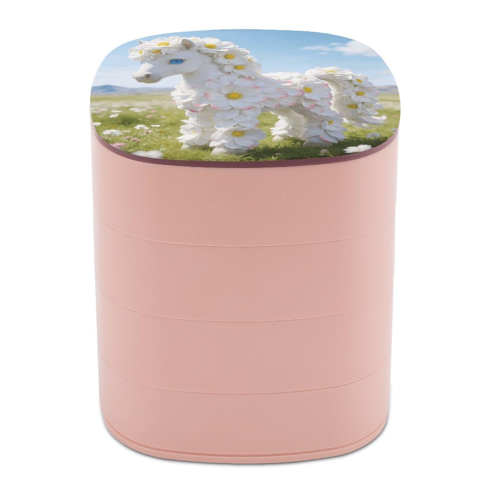 VstaDank White Flower Pony Jewelry Box 360° Rotatable Jewelry Organizer 4 Layers Jewelry Case with Lid Fashion Portable Earring Holder for Bracelets Rings Bracelets Vanity