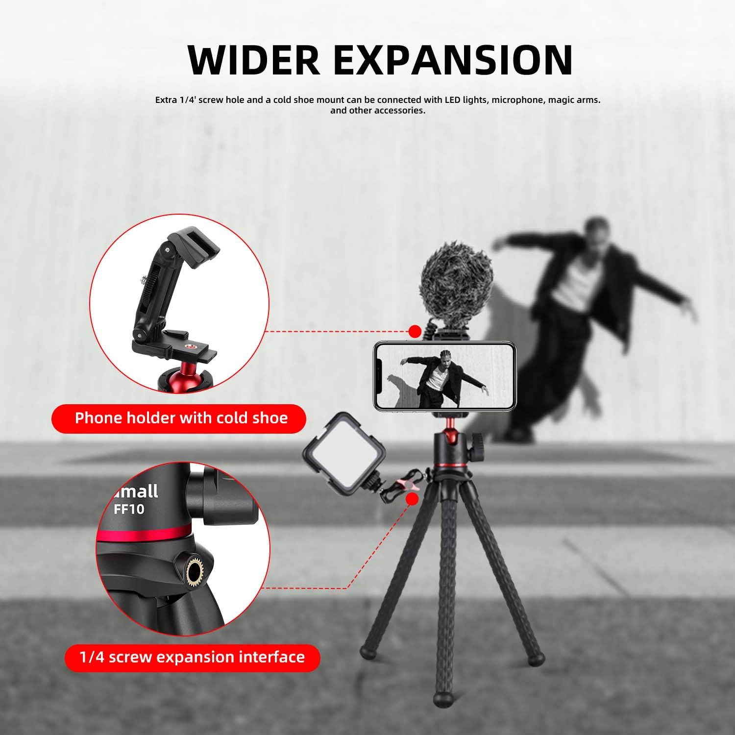 Tragbares Kamerastativ, flexibler Mini-Ständer für Handy mit Kaltschuh-Handyhalterung für iPhone 17, 16, 15, 14 Pro Max, XS, Max, X, Canon, Nikon, Sony, DJ, Pocket, 3 Kameras, Gopro Travel