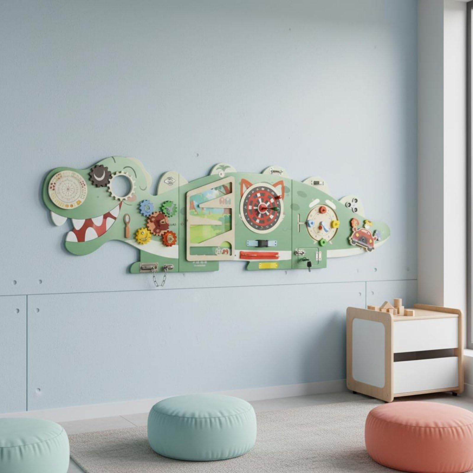 Gioco da Parete per Bambini Pannello Busy Interattivo con Ingranaggi Quadrante Cursori E Serrature in Legno per Apprendimento Attivo Adatto per Camerette Aree Gioco
