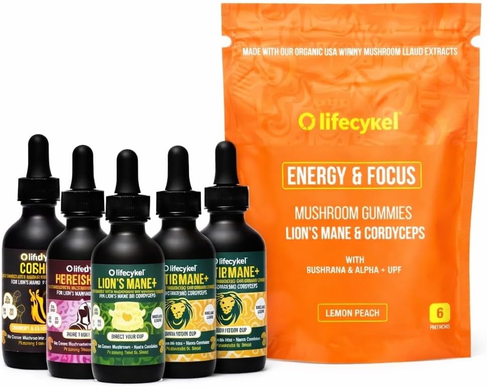 Life Cykel Premium Mushroom Extract Liquid Bundle – Lion’s Mane, Cordyceps, Reishi, Chaga, Turkey Tail & Shiitake (1oz Each) with Included Energy Gummies (10-Count), for Vitality & Mental Clarity