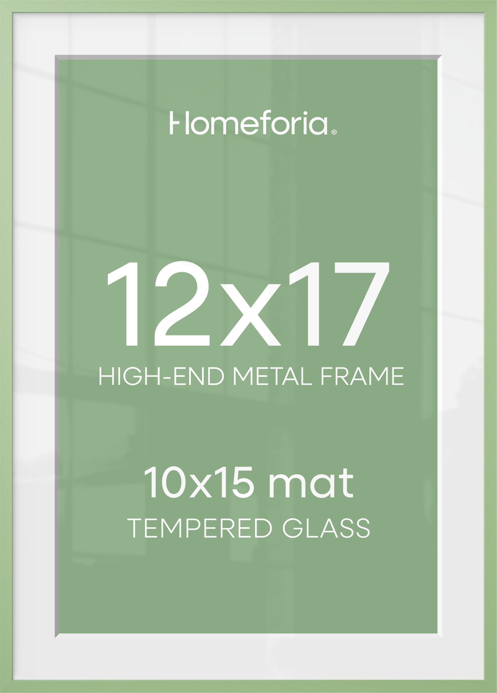 Homeforia 12x17 Green Picture Frame, High-End Metal, 10x15 Mat, Glass | High End Aluminum, Tempered Glass, Acid-Free 10x15 Removable Mat, 12x17 in Edge-to-Edge Display 17x12, Wall Kit, Set Of 1