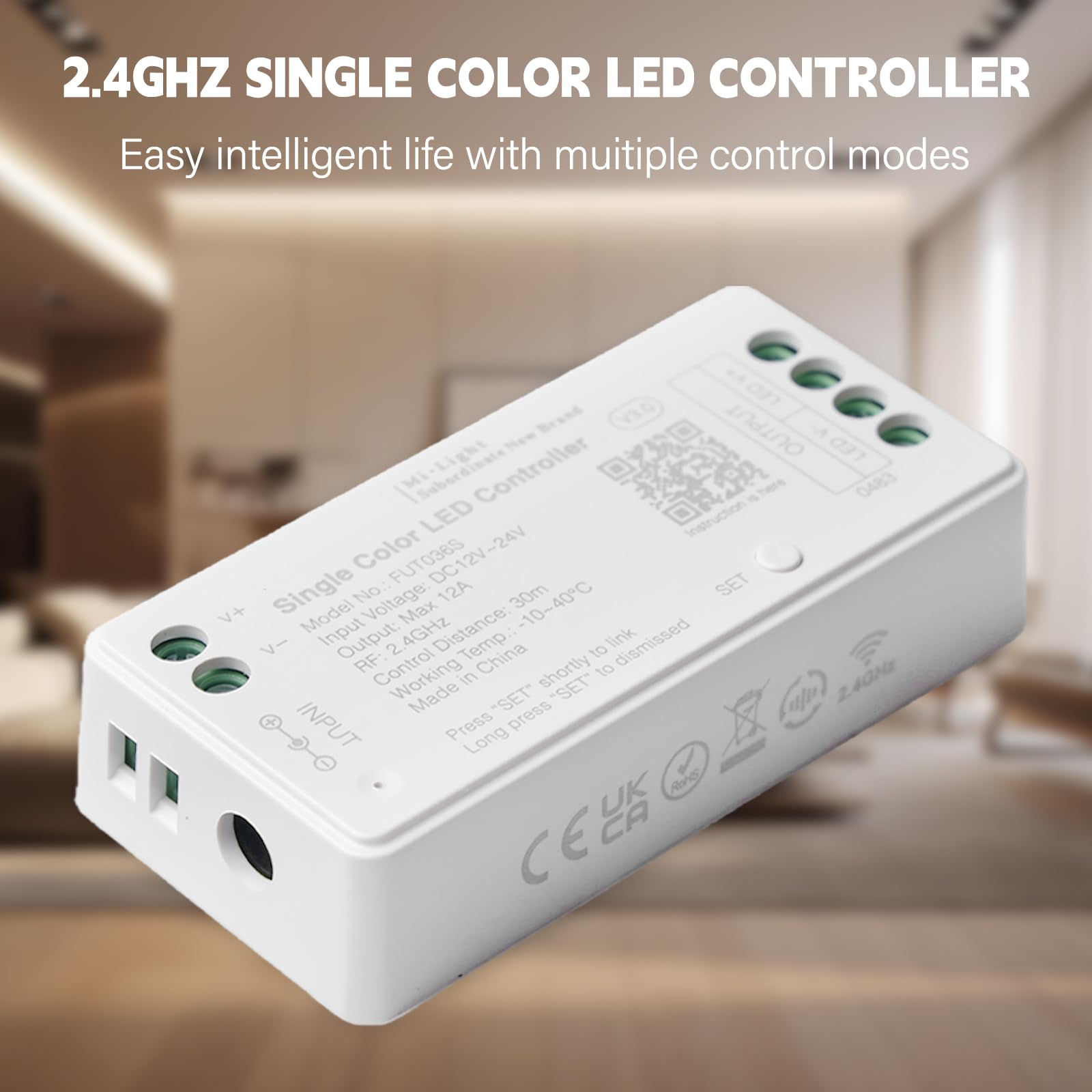 GBKDQQ Kit telecomando Milight Miboxer: 4 x 2,4 GHz, dimmer a tinta unita LED con 1 telecomando wireless RF a 4 zone, uscita DC12 V/24 V, max. 12 A (4 x FUT036S + FUT007)