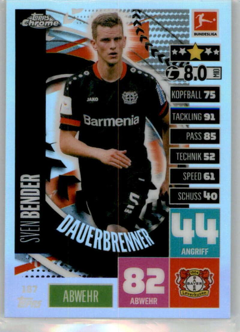 2020-21 Topps Chrome Match Attax Bundesliga Refractor #187 Sven Bender Bayer 04 Leverkusen DAUERBRENNER Official German Football Card in Raw (NM or Better) Condition