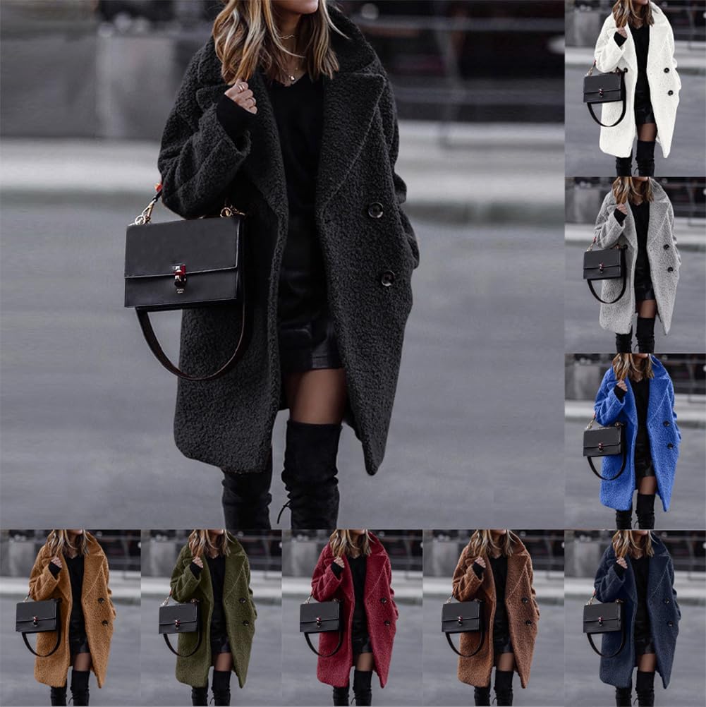 shownicer Manteaux Femme Veste Polaire Fille Mi-Long Vintage Chaude Boutonnage Laine épais Blousons Manche Longue Cardigan Casual Mode Hiver Outerwear Automne Hiver