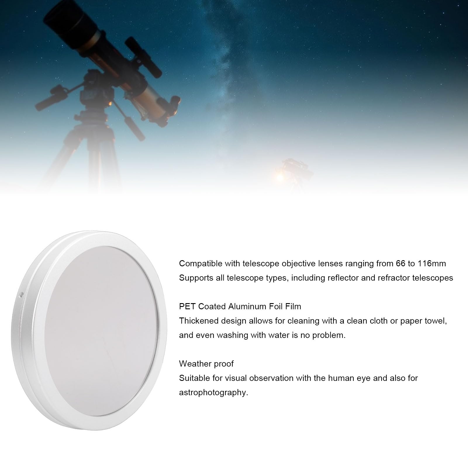 Filtre Solaire, Film de sécurité pour Télescope en Feuille D'aluminium Enduit de Pet avec Boîtier en Alliage épaissi pour Télescopes à Objectif de 66 à 116 Mm