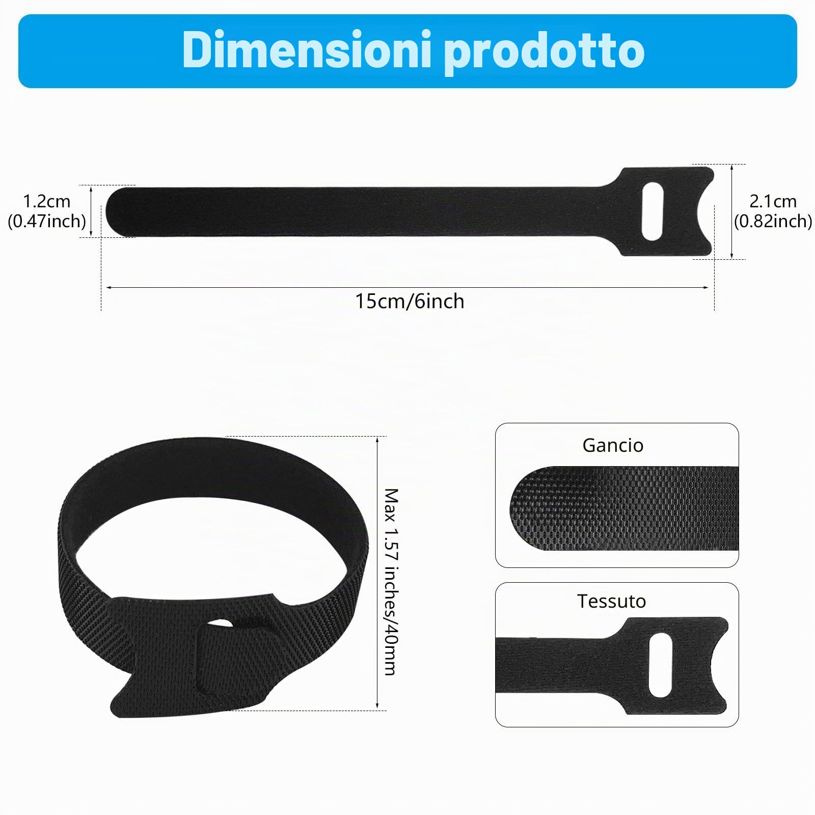 Fascette Cavi Riutilizzabili in Nylon, 70 Pezzi Stringicavo Regolabili 150 x 12 mm, Nylon Fascette Elettricista Cinturino con Hook e Loop, Ideali per Gestione Cavi Casa Ufficio Giardino
