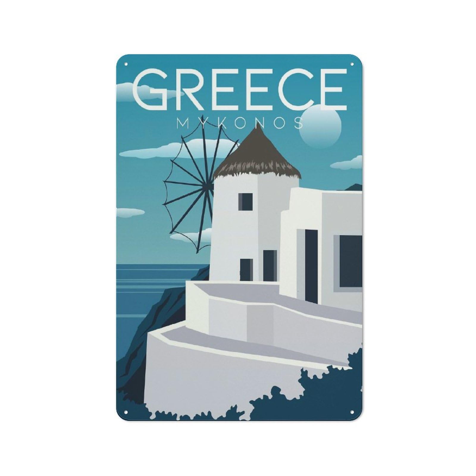 Junmoney Style Tin Wall Plaque 30X20cm With Mykonos Windmill Greece For Living Room Or Hallway, For Vintage Wall Decor Fans, For Themed Room Decoration