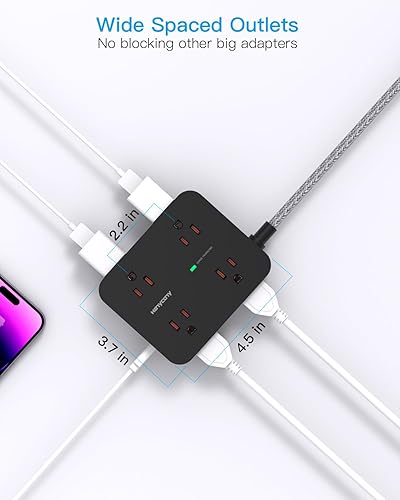 Miniatura 5 de Regleta protectora contra sobretensiones, 8 salidas con 4 puertos de carga USB (2 USB C), extensor de salida lateral con cable de extensión trenzado