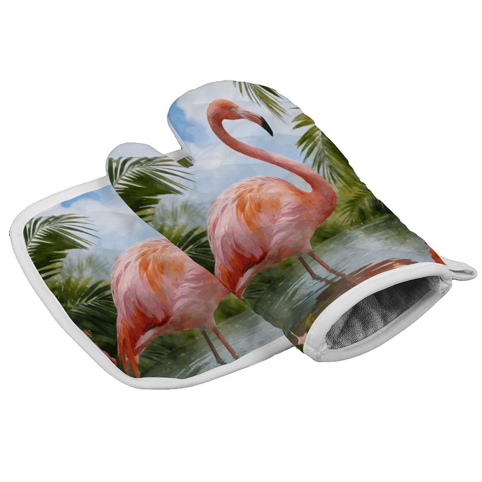 Fodpand Style Watercolor Tropical Flamingo Oven Mitt Set With Lanyard, Cooking Mitt, Protective Thermal Insulation,Kitchen Mitt For Baking, Cooking, Grilling, Microwave