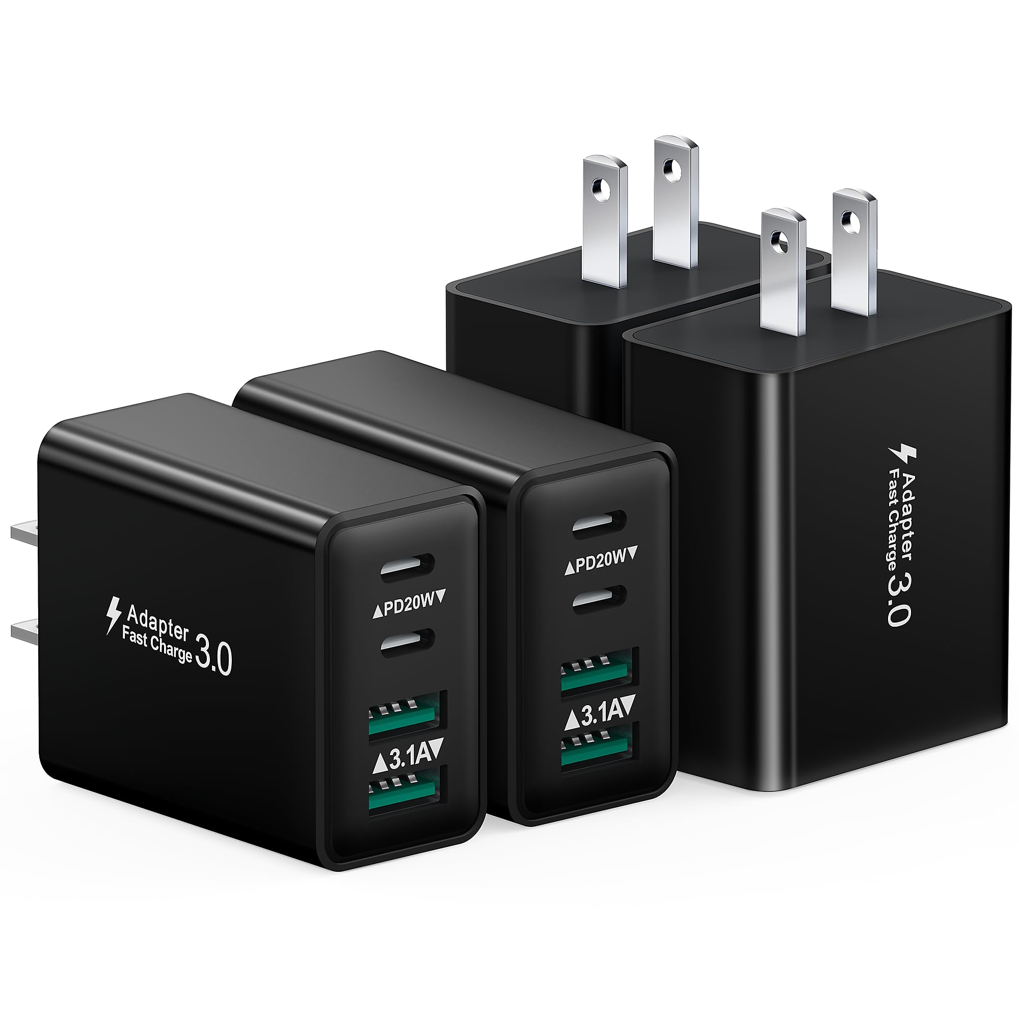 USB C Charging Block, 4-Pack 40W 4 Ports USBC Fast Charger Block Dual PD Power Adapter +QC 3.0 USB Wall Plug Multiport Type C Charger Cubes Box for iPhone 16 15 14 13 12 11 Pro Max Plus, iPad,Samsung