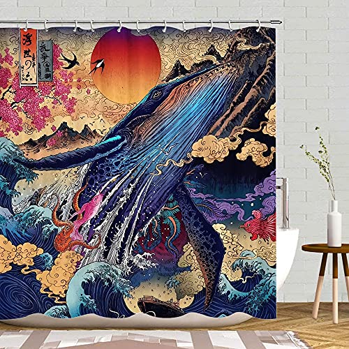 Japanese Anime Shower Curtain for Bathroom Whales to Sea Bath Curtain Abyssal Beasts Brave The Wind and The Waves Shower Curtains Polyester Fabric Decor with Hooks 69x70Inches