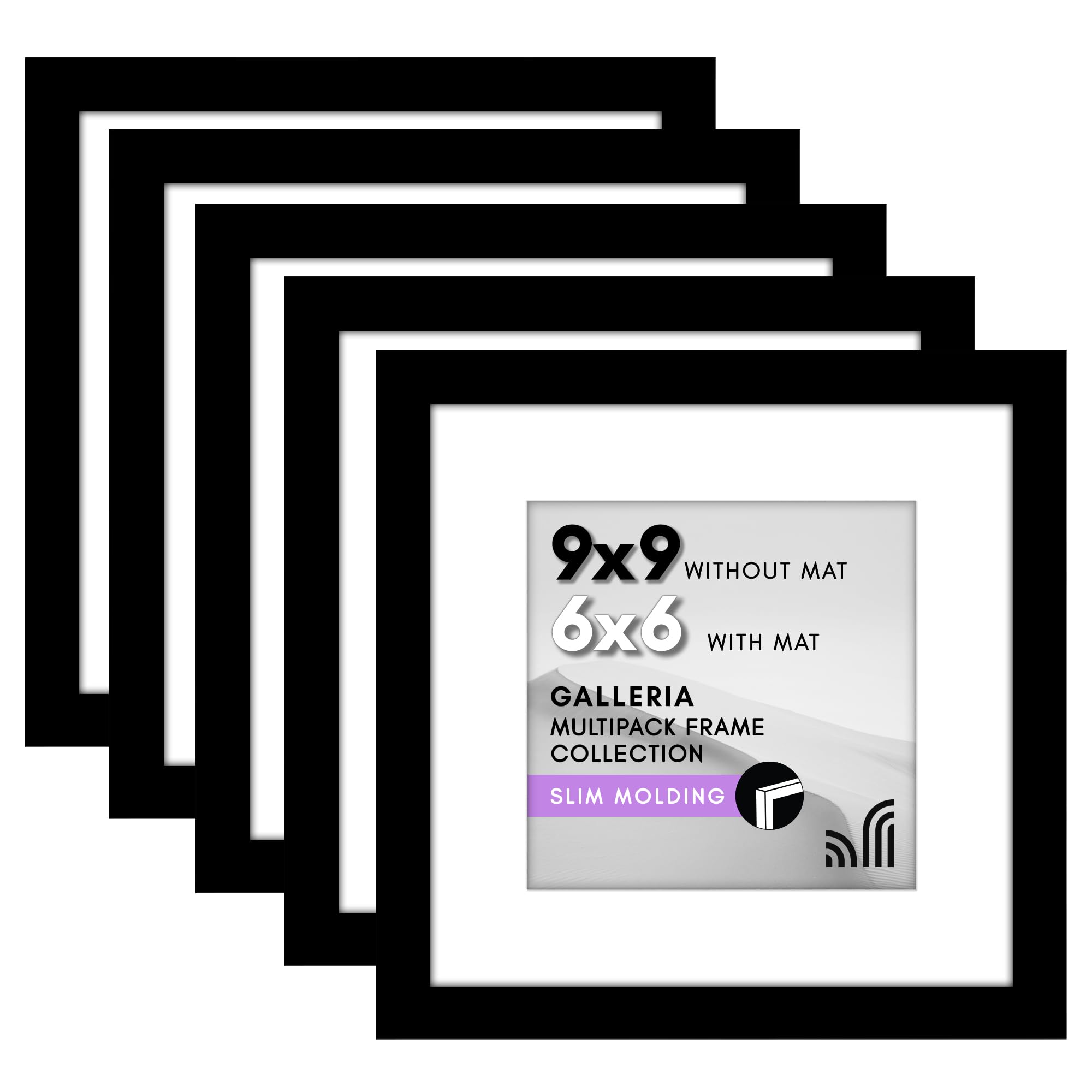 Americanflat 9x9 Picture Frame Set of 5 in Black - Use as 6x6 Frame with Mat or 9x9 Frame Without Mat - Gallery Wall Frame Set with Plexiglass Cover, Hanging Hardware, and Easel for Wall and Tabletop