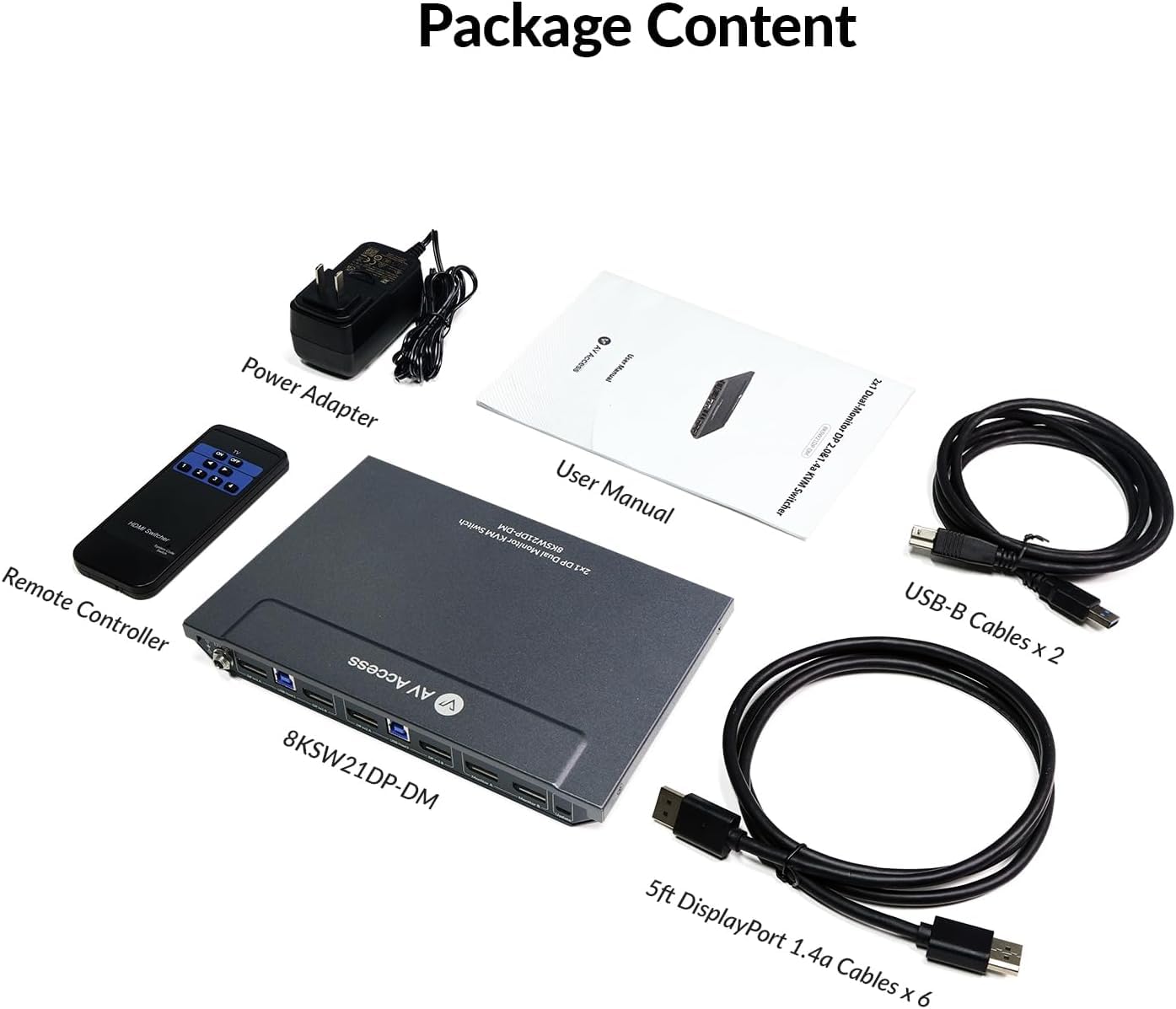 AV Access Switch KVM per 2 Computer e 2 Monitor, DisplayPort 8K@60Hz/4K@165Hz/144Hz, Switch KVM DP Dual Monitor con Porte USB 3.0, Uscita Audio, Telecomando IR, Hotkey, Include 6 Cavi DP