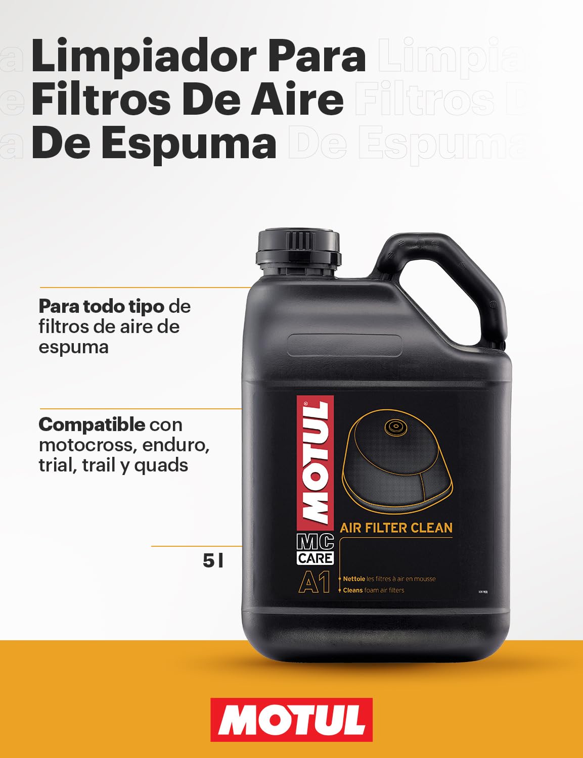 MOTUL - Limpiador para Filtros de Aire en Espuma - Compatible con Moto Cross, Enduro, Trial, Trail, Quads - Limpia en Profundidad - Secado Rápido - MC Care Air Filter Clean A1-5 L