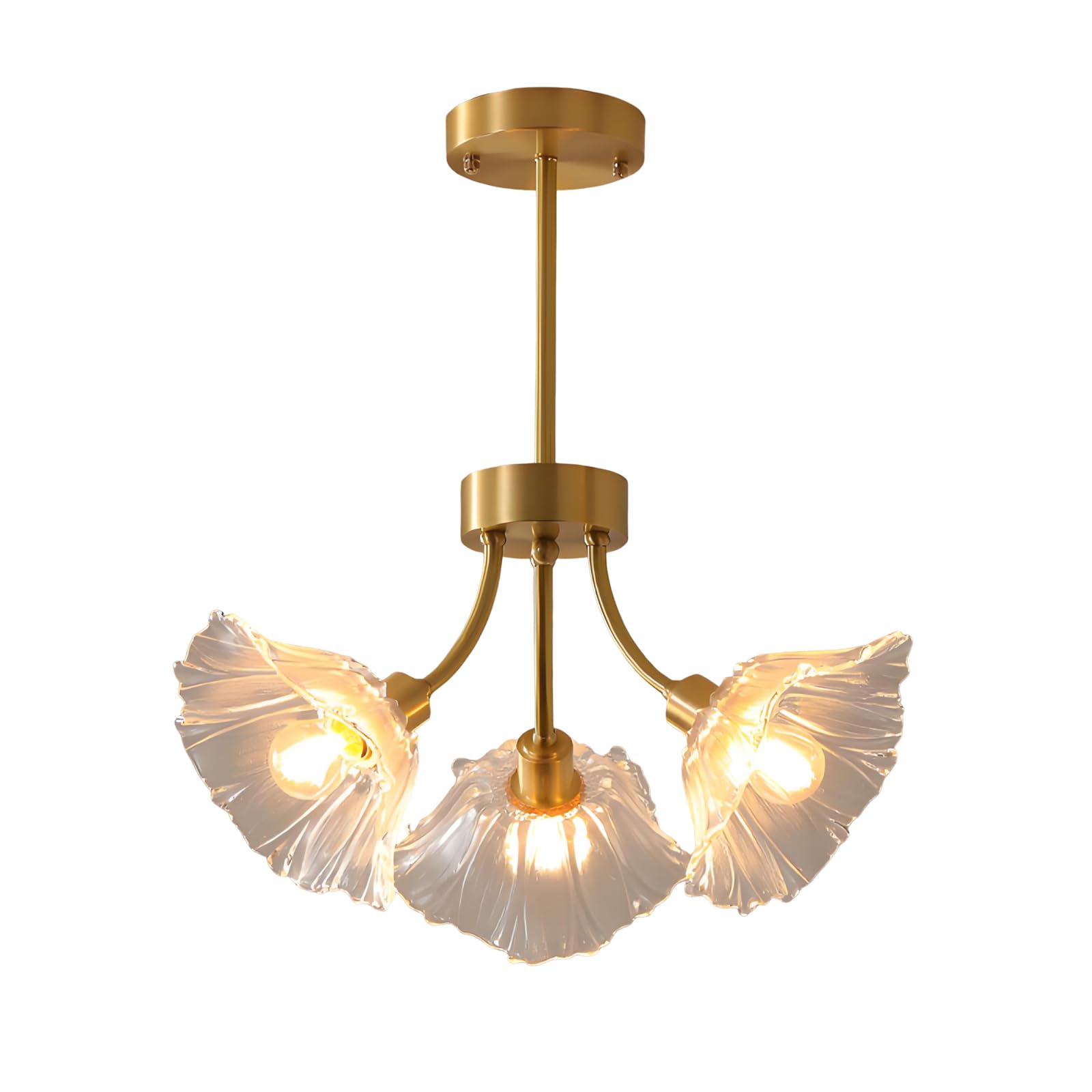 YNVIOZM Semi-Flush Mount Ceiling Lights Fixtures Mid Century Modern Chandelier with Clear Glass Flower Shade 3-Lights Gold Hanging Ceiling Lighting Fixture for Bedroom Dining Room