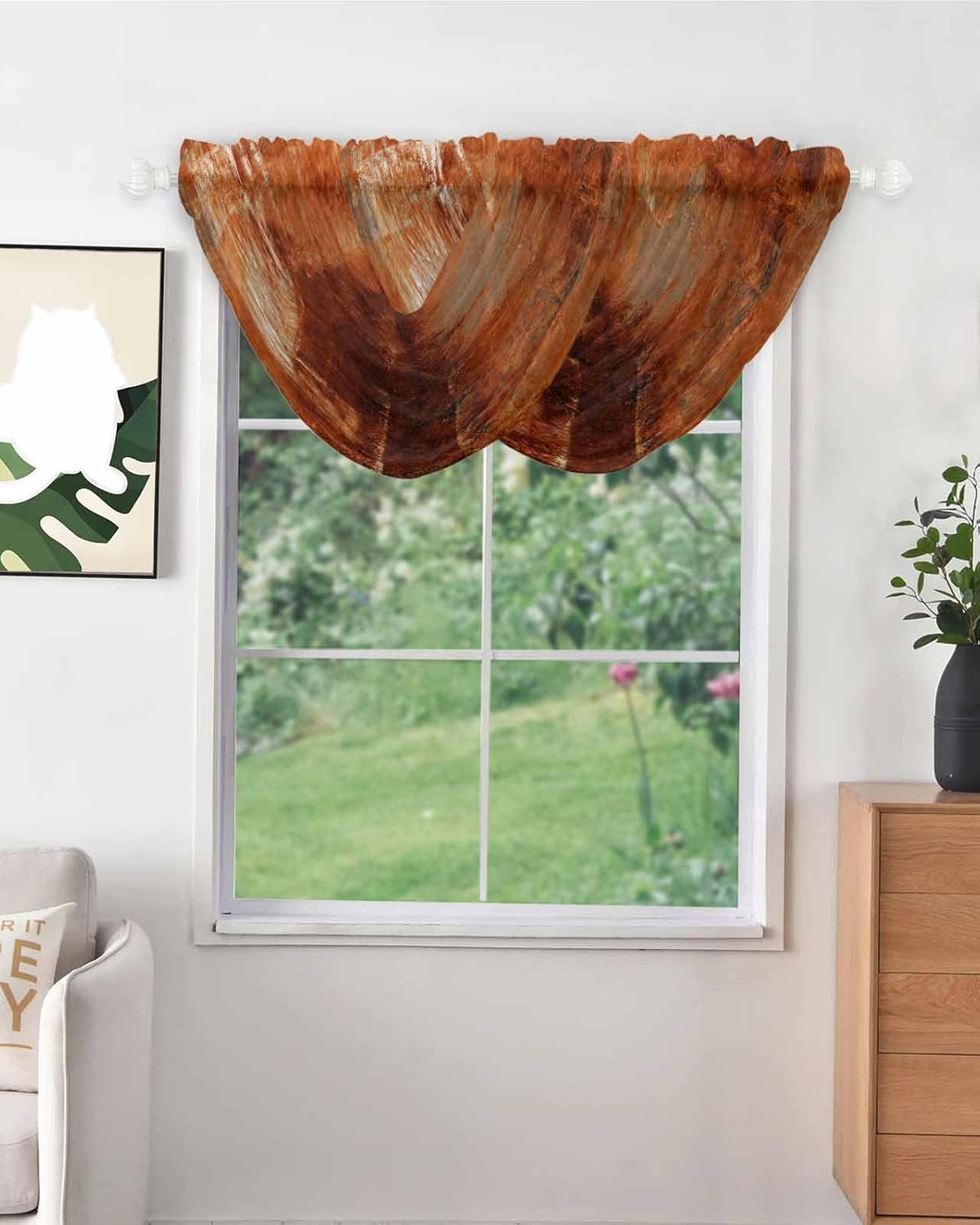 Burnt Orange Waterfall Valance Curtains for Window, Orange Grey Ombre Sheer Valances Rod Pocket, Oil Modern Painting Voile Topper Swag Curtain for Living Room, Kitchen 38.5"W x 47.2"L, 3 Panel