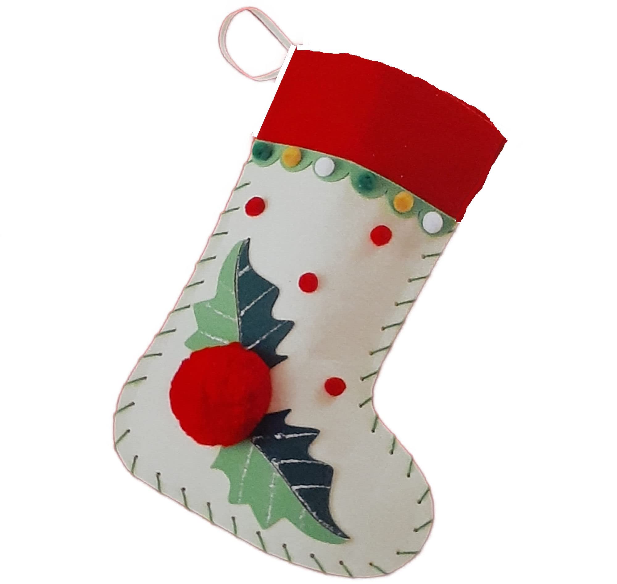 Blue Skies Plus Christmas Stocking Felt Craft Kit - Holly Berry with Leaves and pom pom Trim