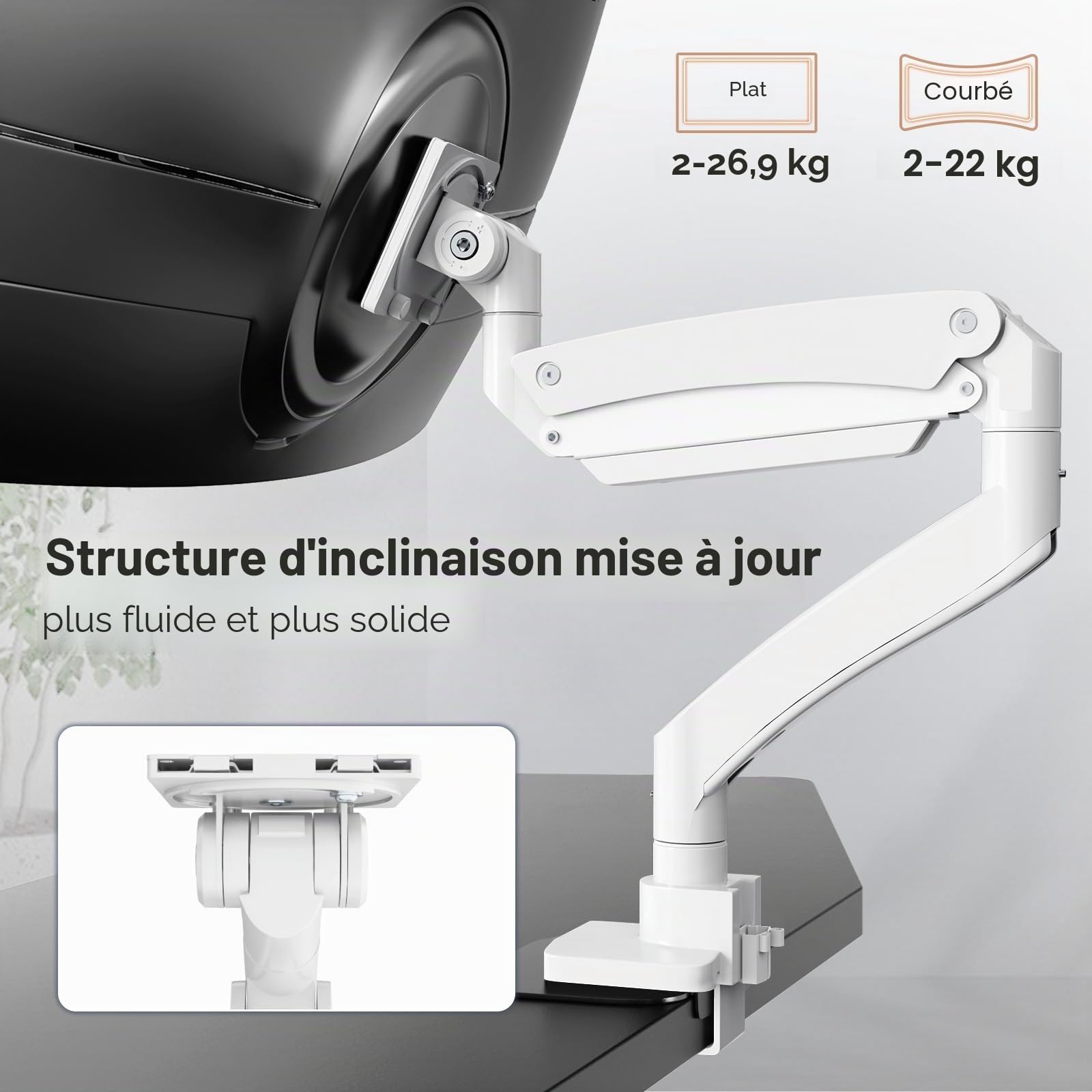 PUTORSEN Support de Bureau pour écran Plat et incurvé de 17" à 57", pour téléviseur et Moniteur jusqu'à 27 kg, en Aluminium de qualité supérieure, avec Ressort à gaz, VESA Max jusqu'à 200x200
