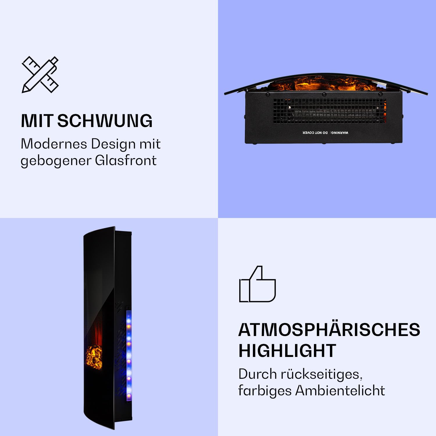Klarstein Elektrokamin, Elektro Heizungen für Wohnzimmer & Innenräume, Elektrischer Kamin mit LED Flammen, Kamin zur Wandmontage, Heizlüfter mit Timer, Einstellbarer Thermostat, Heizung 2000 W