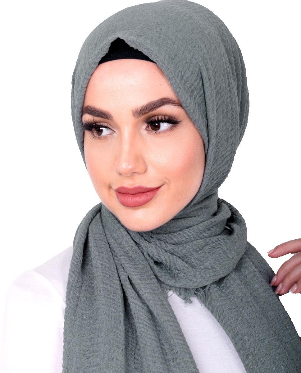 Shoes Lane Women's Grey Maxi Long Crinkle Frayed Edges Crimp Mix Cotton Scarf Hijab Shawl Wrap (Grey)