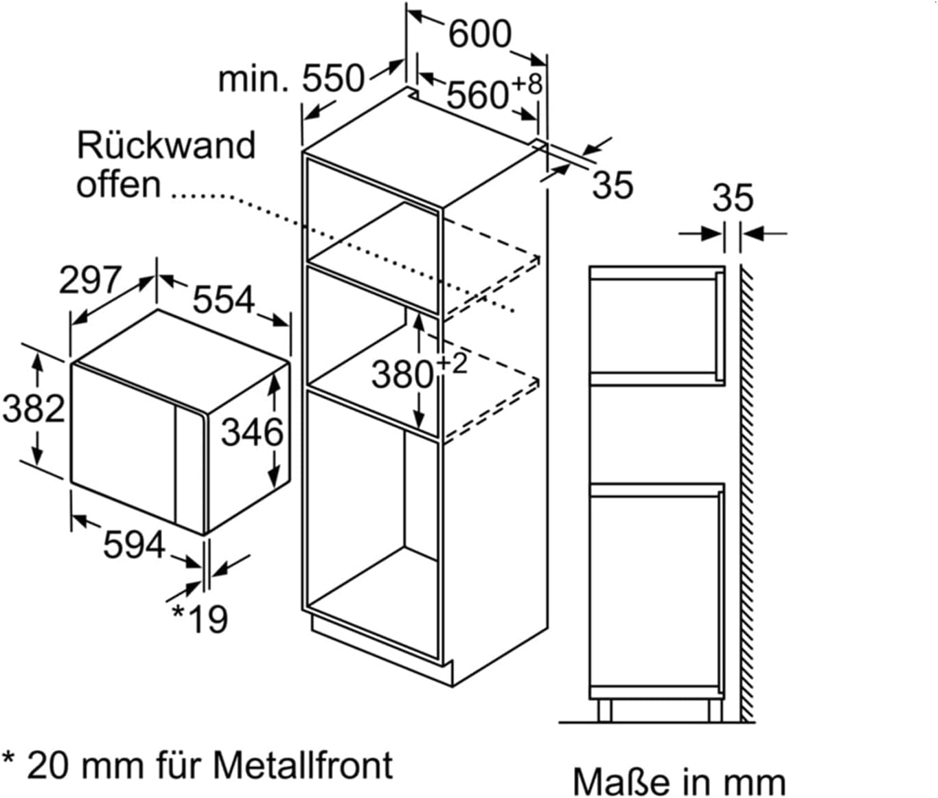 Alternative installation dimensions diagram for Bosch BFL524MW0 microwave oven