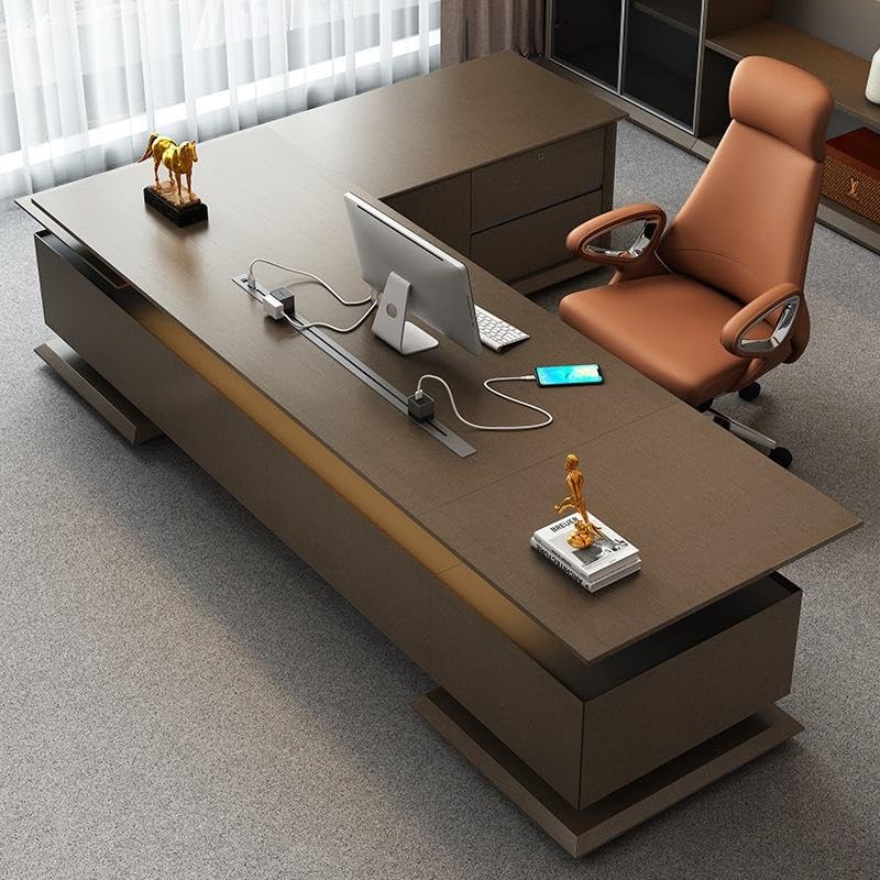 Image of Premium Executive Office Desk with Side Storage Cabinet, Modern CEO Manager Table in Dark Wood Finish for Luxury Office Cabin & Workspace Furniture (LDL-797 MDFL L8W3)