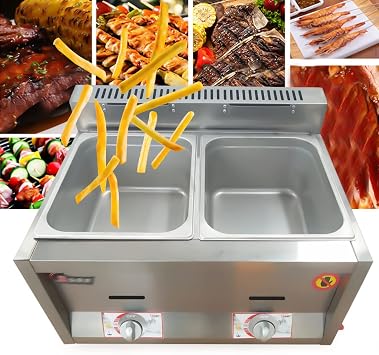 Commercial Gas Deep Fryer, Stainless Steel Deep Fryer, 5.4QT/6L*2 Tank Gas Fryer Dual Frying Machine Countertop with 3 Lids & Adjustable Temperature for Home Kitchen Restaurant