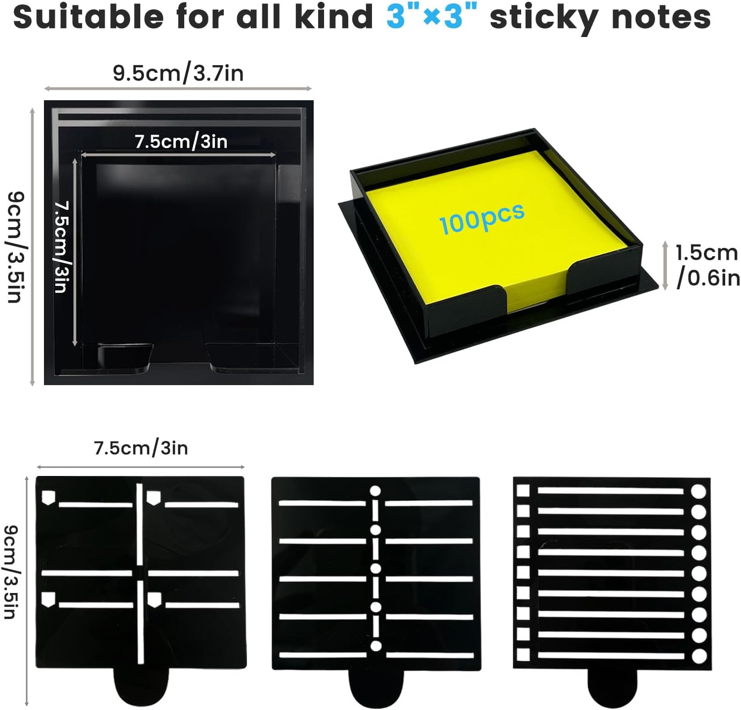 Daily Treasures Sticky Note Holder with 3 Reusable Stencils, Acrylic Post It Note Holder for 3x3 inch Sticky Notes, Multi-Template (Daily/Weekly/Goals/Meal/to Do List) Desk Organizer for Office Home