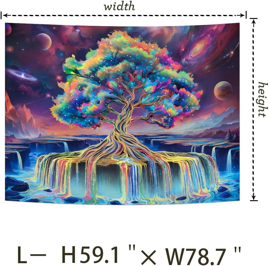 Obsecolors Blacklight Tree of Life Tapestry UV Reactive Waterfall Tapestry Galaxy Space Aesthetic Tree Wall Tapestries Colorful Starry Sky Tapestries Wall Hanging for Bedroom