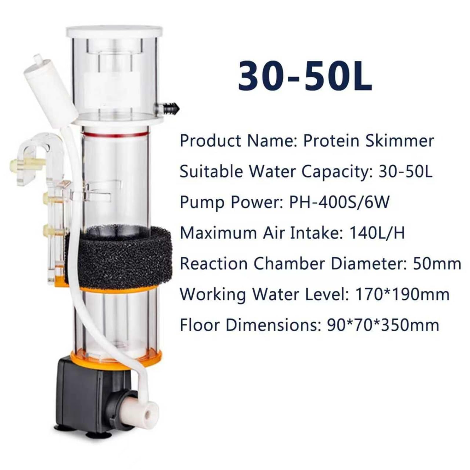 Écumoire protéinée pour aquarium, eau salée et eau douce, convient pour les plans d'eau de 30 à 130 L, outil de nettoyage de filtre séparateur de collecte