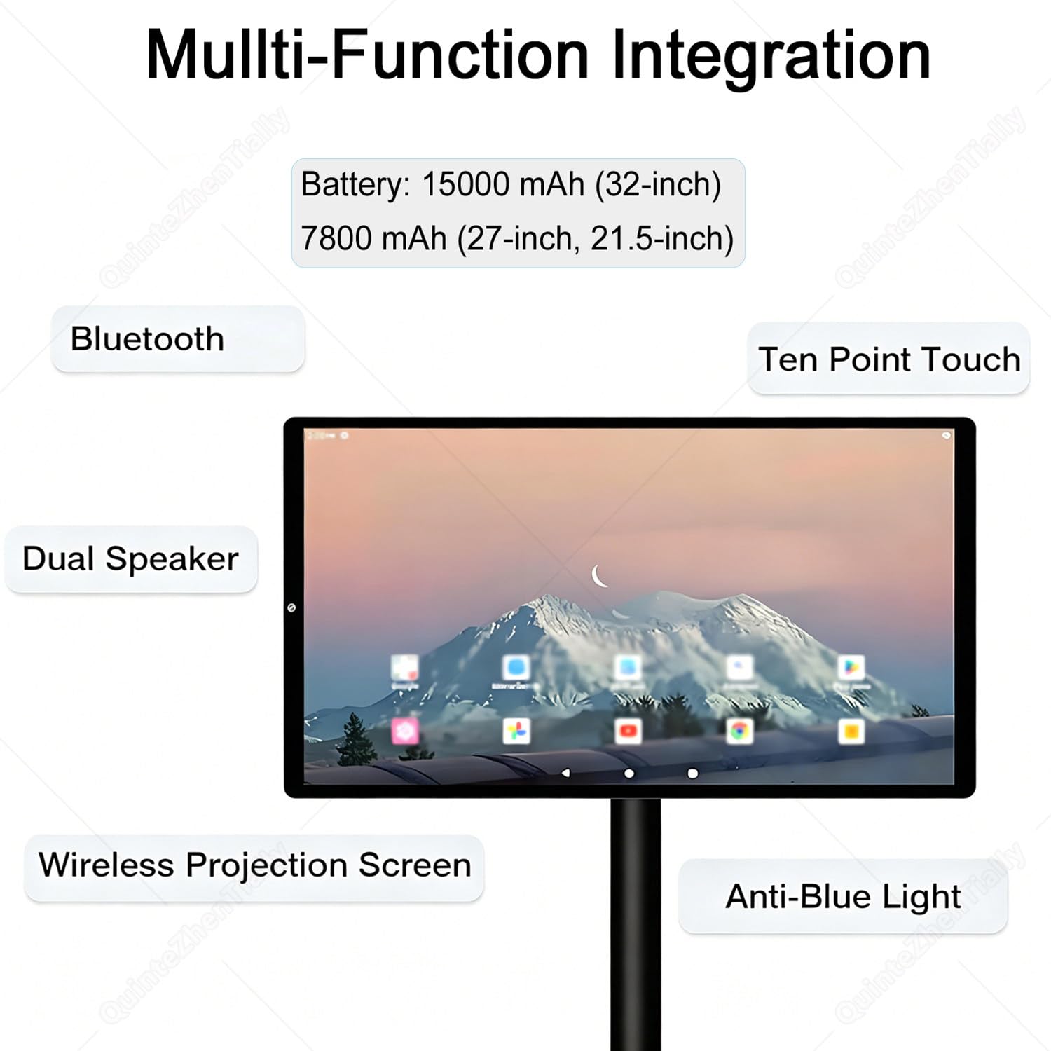 Monitor Touch Screen Portatile Funzioni Intelligenti,Monitor Touchscreen Portatile Supporto su Ruote,Display Mobile Wireless Intelligente,per Uso Domestico Ufficio 27inch