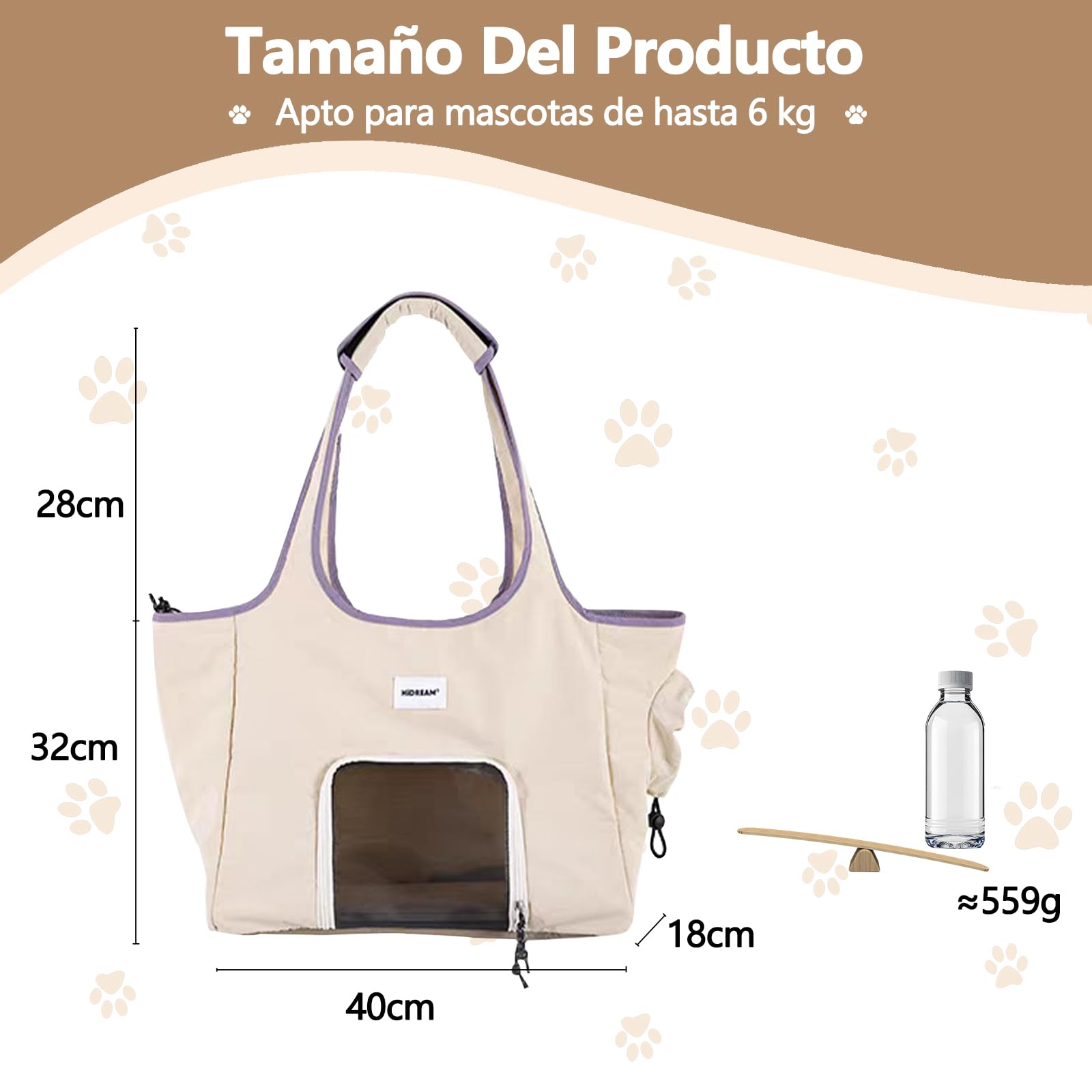 Galatée Bolso Bandolera para Mascotas, Fabricado En Tejido De Nailon Impermeable, Portátil con Asas, Base Rígida Integrada para Evitar Que Se Deforme, a Prueba De Fugas y Transpirable (Beige)