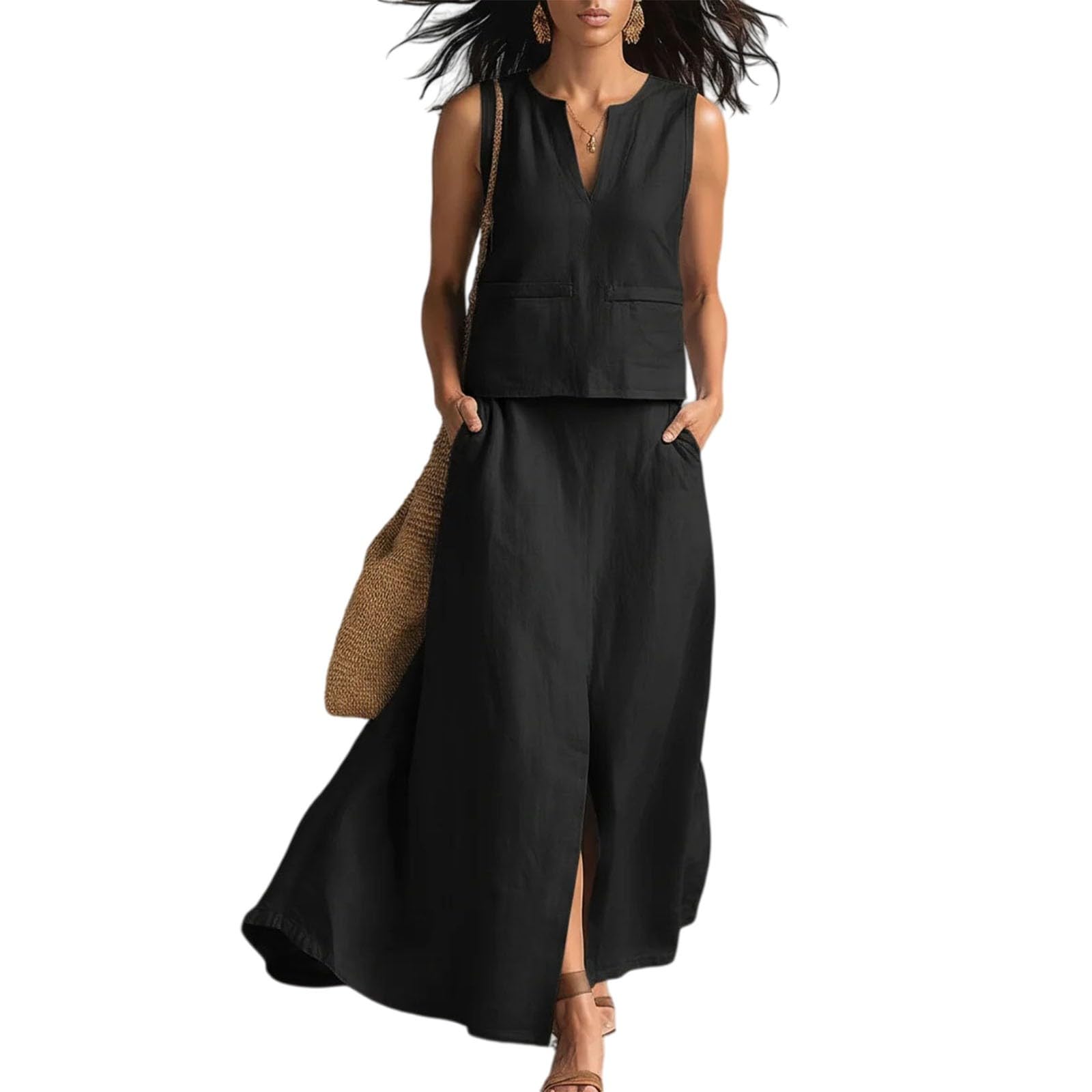 Linen Co Ord - Conjuntos de 2 piezas para mujer, traje de viaje al aeropuerto, cuello en V, chaleco sin mangas y falda larga con bolsillos, trajes de vacaciones de verano