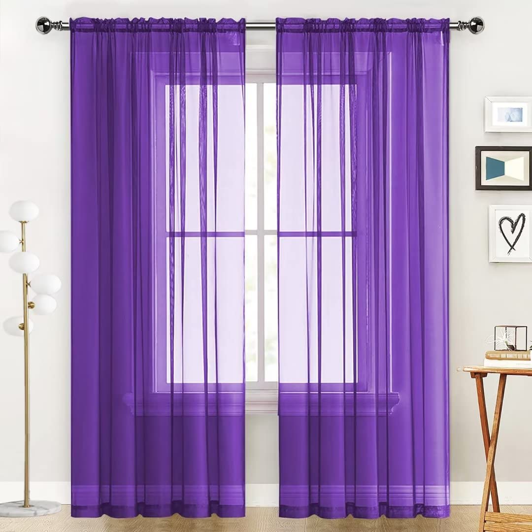 SpaceDresser Sheer Voile Window Treatment Rod Pocket Curtain Panels for Kitchen Bedroom Living Room Drapes Sunlight Filtering Privacy Semi Home Decor Assorted (Purple, 52 W x 108 L) — image 1