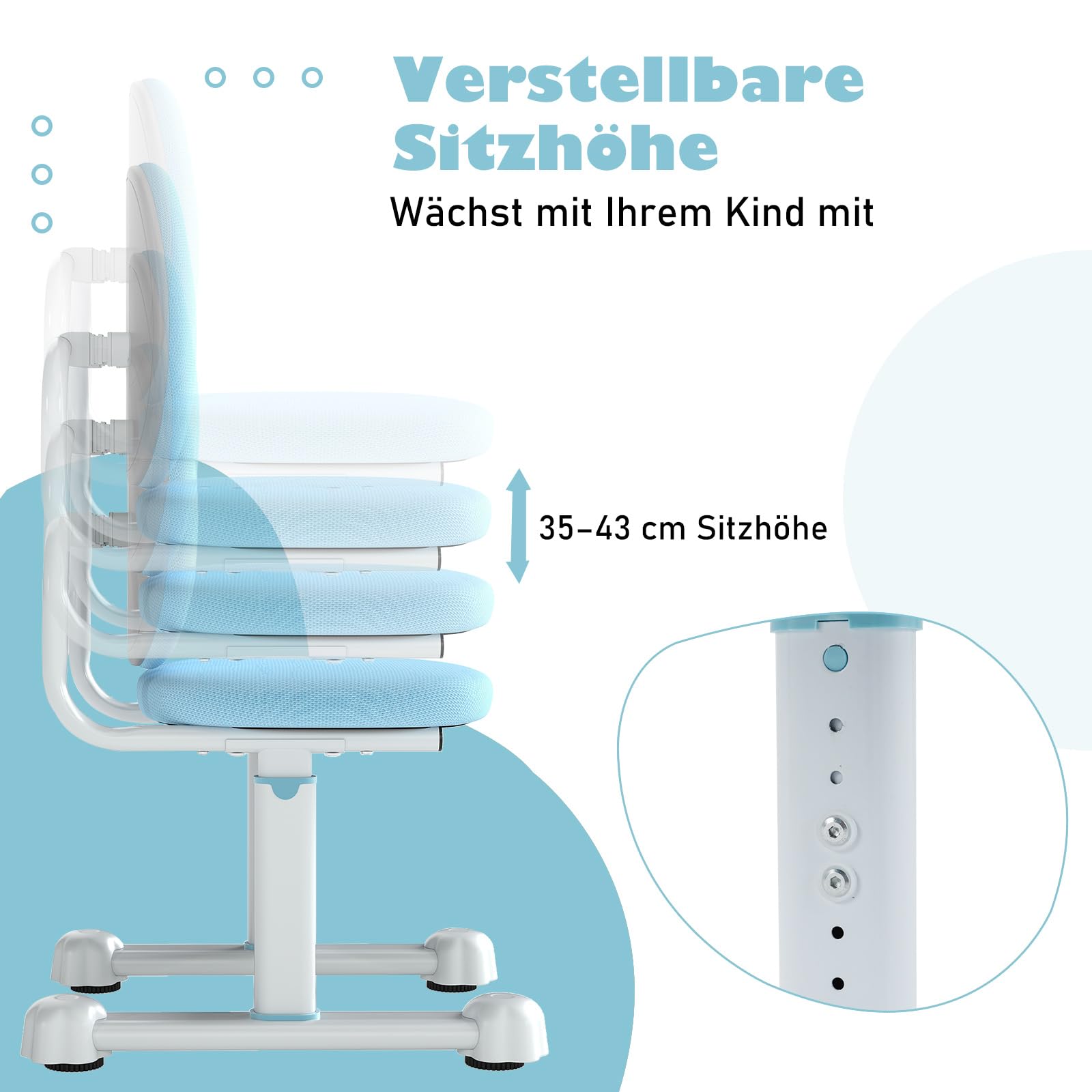 COSTWAY krzesło biurowe dla dzieci, wysokość siedziska regulowana 35-43 cm, krzesło biurowe dla dzieci z podwójnym oparciem, krzesło biurowe bez podłokietników i kółek, krzesło dla dzieci dla chłopców