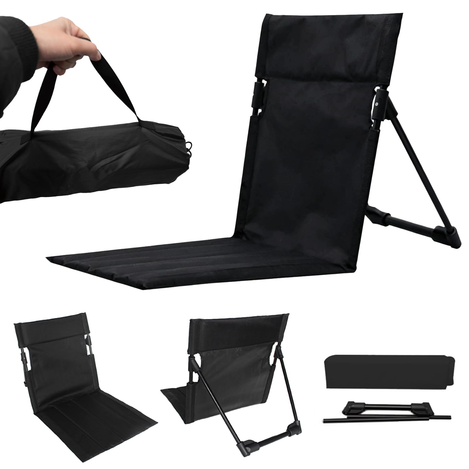 Xiyingcai Ultra Lightweight Folding Beach Chair, Folding Floor Chair with Back Support, Portable Beach Chair with Thickened Pad & Triangle Support, Low Seat Beach Chairs for Travel Camping BBQ, Black