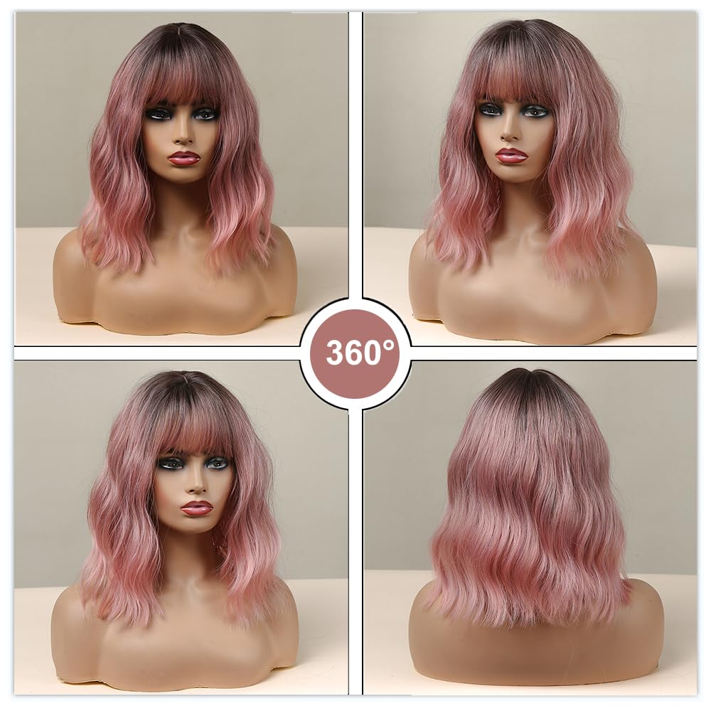 Esmee 14 Pouces Court Ndulée Ombre Rose Bob Perruque avec Franges Naturelle Synthétique Heat Resistant Perruques pour les Femmes avec des Racines Sombres pour la fête Quotidienne Cosplay Portez