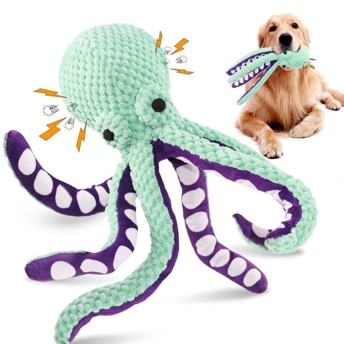 Dog Toys Indestructible, Squeaky Octopus Dog Toy to Keep Them Busy, Robust Dog Squeak Chew Toy for Large and Small Dogs, Plush Dog Toy for Heavy Chewers (Green)