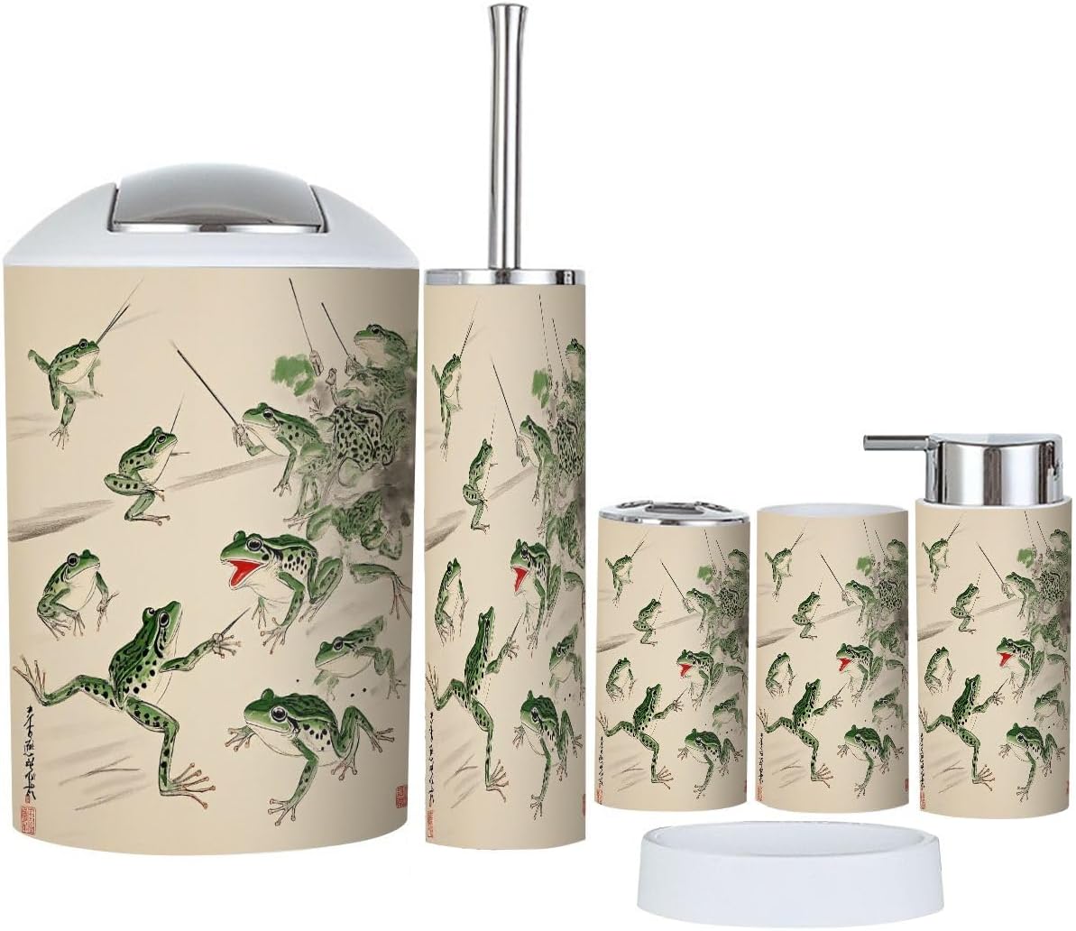 Bathroom Accessories Set 6 Pcs Funny Frog Japanese Retro Battle Frogs Art Asian Style Frogs Toothbrush Holder Cup Soap Dispenser Soap Dish Toilet Brush Holder Trash Can for Countertop Decor
